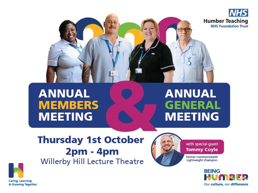 A picture of Humber Teaching NHS Foundation Trust's Annual Members Meeting saying it will take place Thursday 1st October 2026 with special guest Tommy Coyle
