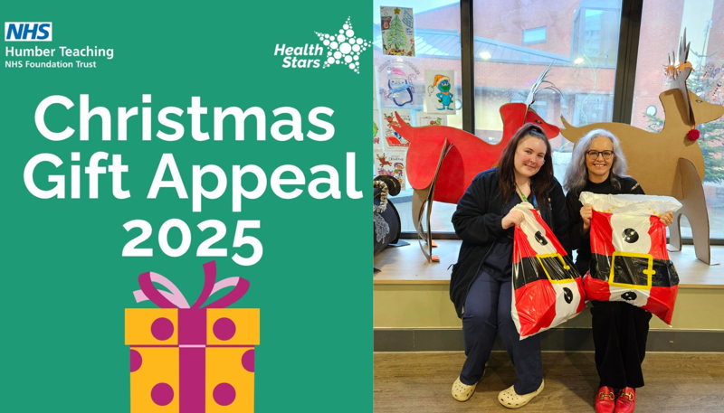Two image montage making mention of the Christmas Gift Appeal 2025 and the second image of Trust Chair, Caroline Flint celebrating the gift appeal in 2024 at an inpatient unit.