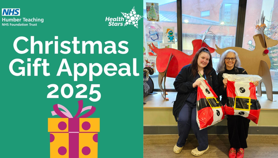 Two image montage making mention of the Christmas Gift Appeal 2025 and the second image of Trust Chair, Caroline Flint celebrating the gift appeal in 2024 at an inpatient unit.
