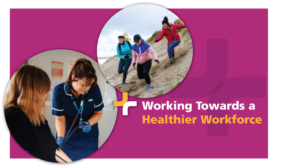 circular image on left shows woman receiving bloody pressure test from a female nurse, circular image on right shows a family running on a beach