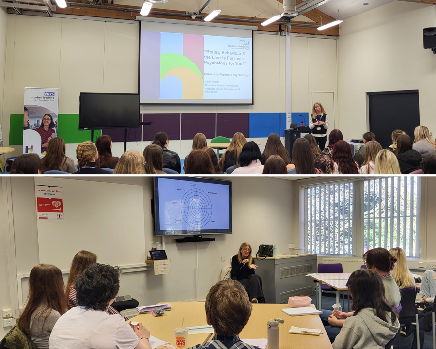 Two images that show Consultant Forensic Psychologist and Professional Lead, Sarah Rockcliff speaking to students.