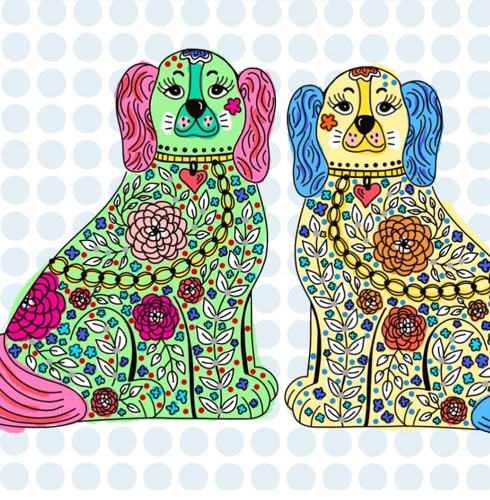 an artwork of two dogs with colourful patterns and a botanical theme