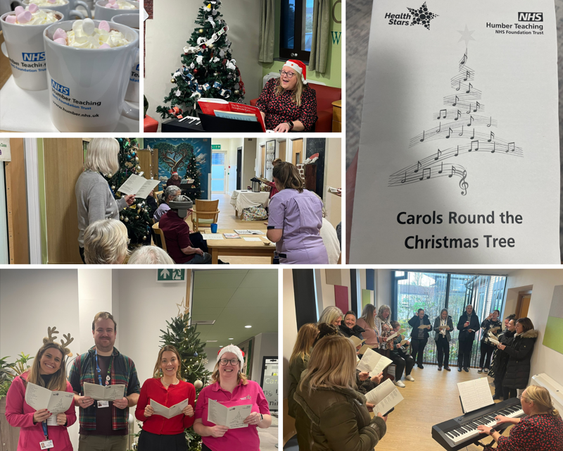 An image of Humber Trust's 2025 Carols Round the Christmas tree singsong events, Humber colleagues are singing and a picture of the booklet with the carols in it.