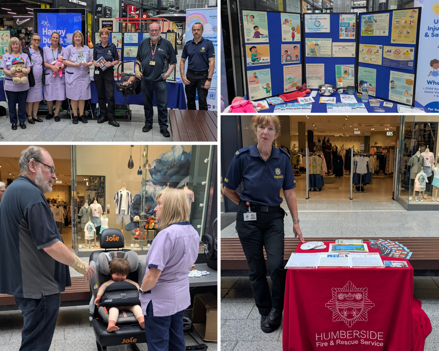 A collection of image showing the Unintentional Injuries and Safer Sleep Team at Humber Teaching NHS Foundation Trust hosting a successful event at St Stephen’s Shopping Centre in Hull marking Child Safety Week 2026.